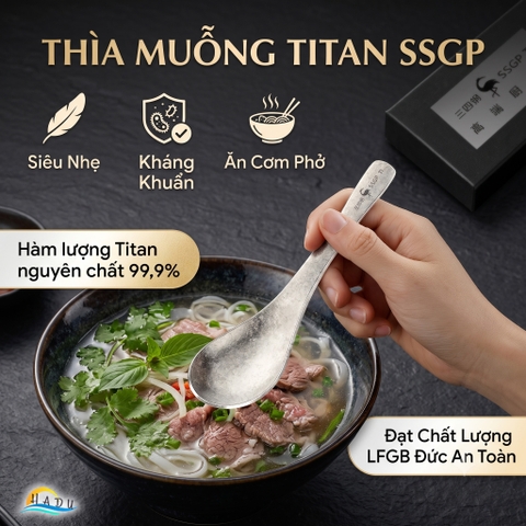 Thìa Ăn Titan Nguyên Chất SSGP, Siêu Nhẹ 22g, Kháng Khuẩn, Dài 15.5cm, Đạt Chất Lượng LFGB Đức