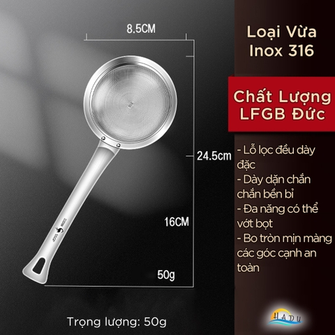 Vợt Hớt Bọt và Lọc Dầu SSGP, Inox 304, Dài 27cm, 33cm, Đạt Chất Lượng LFGB Đức