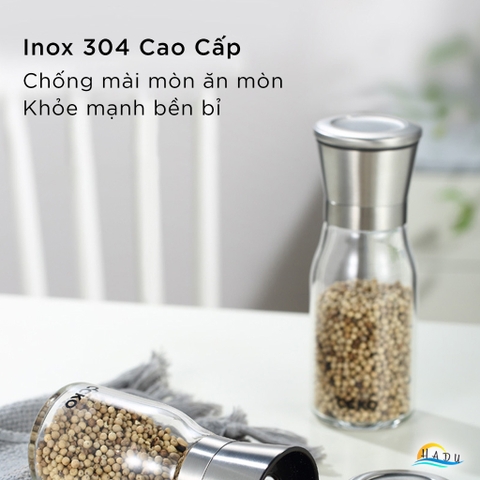 Cối Xay Tiêu Cầm Tay CCKO, Lõi Gốm, Điều Chỉnh Độ Mịn, Thân Thủy Tinh, Size Nhỏ 15.5cm