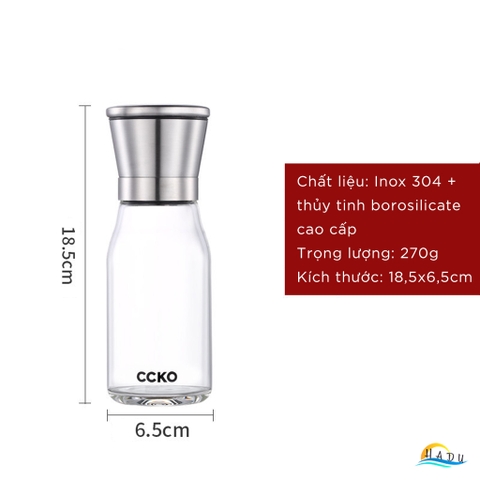 Cối Xay Tiêu Cầm Tay CCKO, Lõi Gốm, Điều Chỉnh Độ Mịn, Thân Thủy Tinh, Size Nhỏ 15.5cm