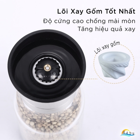 Cối Xay Tiêu Cầm Tay CCKO, Lõi Gốm, Điều Chỉnh Độ Mịn, Thân Thủy Tinh, Size Nhỏ 15.5cm