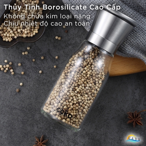 Cối Xay Tiêu Cầm Tay CCKO, Lõi Gốm, Điều Chỉnh Độ Mịn, Thân Thủy Tinh, Size Nhỏ 15.5cm