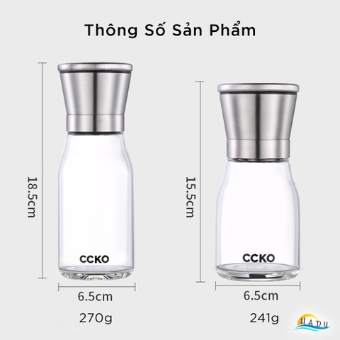 Cối Xay Tiêu Cầm Tay CCKO, Lõi Gốm, Điều Chỉnh Độ Mịn, Thân Thủy Tinh, Size Nhỏ 15.5cm