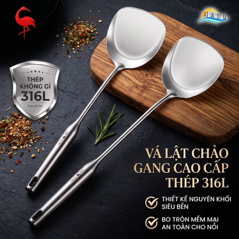 Xẻng Sạn Xào Chiên Lật Inox 316L Cao Cấp Cán Dài 43cm Bo Tròn An Toàn Đạt Chất Lượng LFGB Đức SSGP