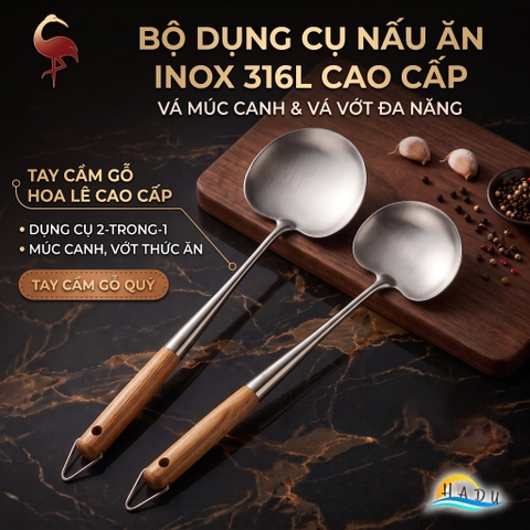 Xẻng Nấu Ăn Inox 316L SSGP Cán Gỗ Cách Nhiệt, Sạn Xào Mặt Cong Lòng Sâu Múc Canh Đa Năng 2in1