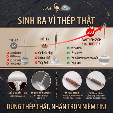 Xẻng Nấu Ăn Inox 316L SSGP Cán Gỗ Cách Nhiệt, Sạn Xào Mặt Cong Lòng Sâu Múc Canh Đa Năng 2in1