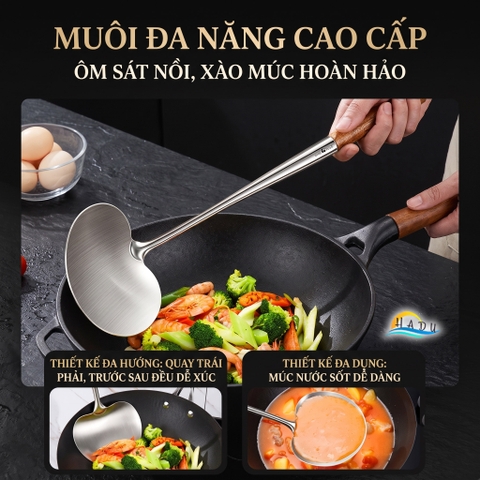 Xẻng Nấu Ăn Inox 316L SSGP Cán Gỗ Cách Nhiệt, Sạn Xào Mặt Cong Lòng Sâu Múc Canh Đa Năng 2in1