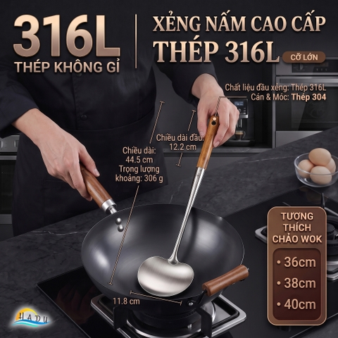 Xẻng Nấu Ăn Inox 316L SSGP Cán Gỗ Cách Nhiệt, Sạn Xào Mặt Cong Lòng Sâu Múc Canh Đa Năng 2in1