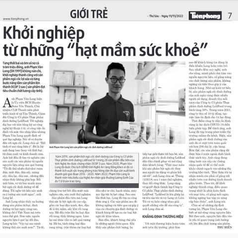 Báo Tiền Phong: CEO LoliFood - Khởi nghiệp từ những 'hạt mầm sức khoẻ'