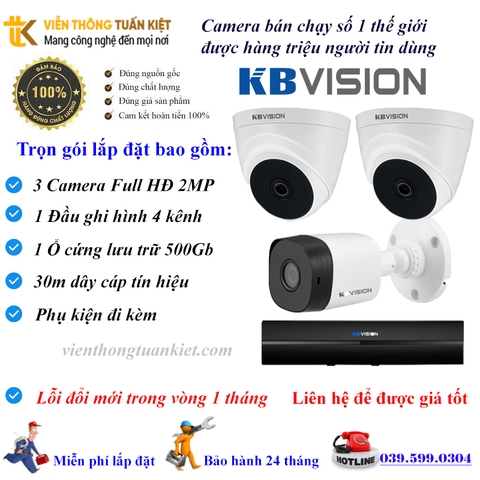Trọn bộ 3 camera KBVISION FULL HĐ 1080P