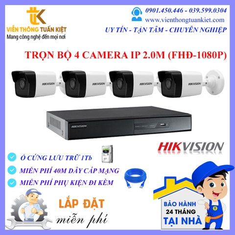 Trọn bộ 4 camera IP Hikvision 2.0Mp FHĐ-1080P ( DS-2CD1023G0E-I(L) )