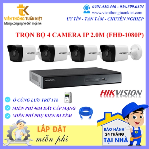Trọn bộ 4 camera IP Hikvision 2.0Mp FHĐ-1080P ( DS-2CD1023G0E-I(L) )