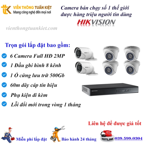 Trọn bộ 6 Camera Hikvision FULL HĐ 2MP