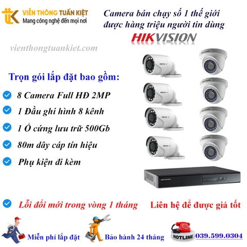 Trọn bộ 8 Camera Hikvision FULL HĐ 2MP