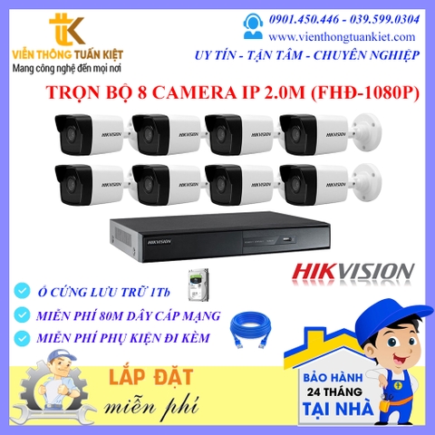Trọn bộ 8 camera IP Hikvision 2.0Mp FHĐ-1080P ( DS-2CD1023G0E-I(L) )