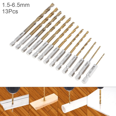 Bộ Set 13 mũi khoan gỗ nhôm mica nhựa tốc độ cao bằng thép TITAN 1.5 - 6.5mm HSS chuôi lục