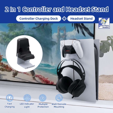Đế dock sạc tay game PS5 kèm giá để tai nghe Controller Charger With Retractable Headphone Hook Hanging HONCAM