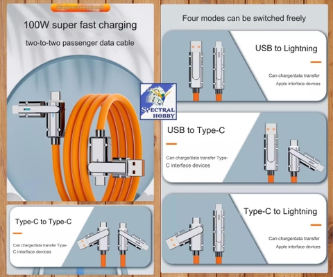 Dây sạc nhanh 2in2 100w fast charging data cable USB Type-A Type-C Lightning iphone android