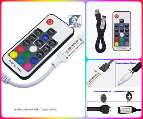 Bộ điều khiển Led RGB 17 Key 5-24V DC RF wireless remote controller 4-pin female RGB color 5050 3528 12A LED strip lighting