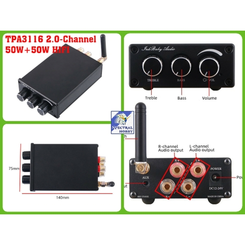 Khuếch đại âm thanh AMPLY TPA3116 50W*2 Digital Audio Amplifier Board 2.0 Bluetooth 5.0 DC 12-24V