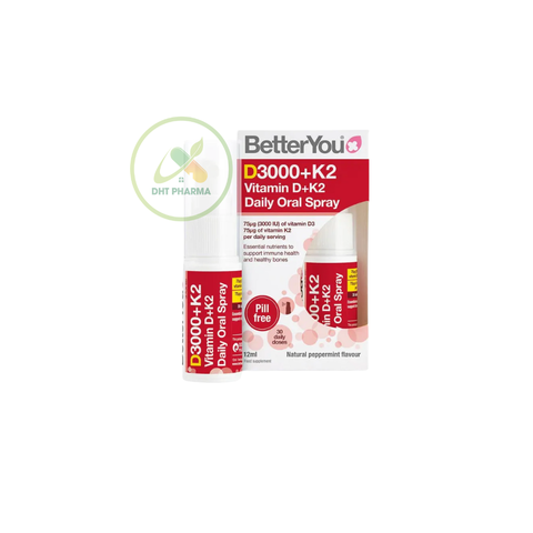 BetterYou D3000+K2 Vitamin D+K2 Daily Oral Spray Hỗ Trợ Xương Răng Chắc Khỏe (Lọ 12ml)