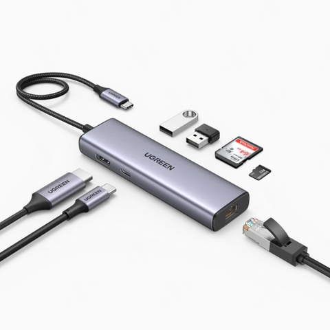 Bộ chuyển đổi USB Type-C sang HDMI+SD+TF+2 cổng USB 3.0+RJ45 Ugreen(90568)