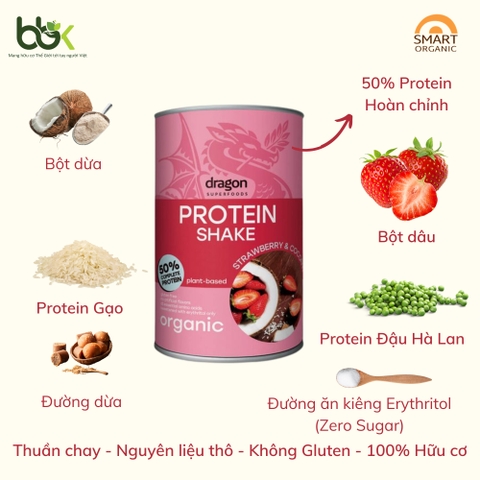 Bột protein shake thực vật hữu cơ vị Dâu và dừa  Dragon Superfoods 450gr