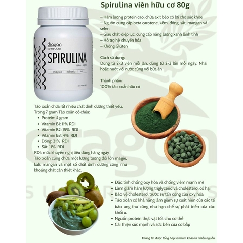 Viên nén tảo xoắn Spirulina hữu cơ 80g Dragon superfood