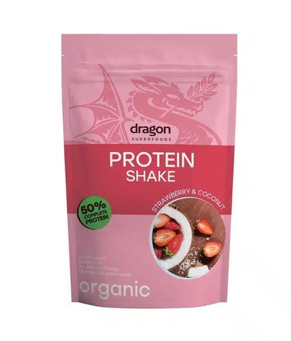 Bột protein shake thực vật hữu cơ vị Dâu và dừa  Dragon Superfoods 450gr