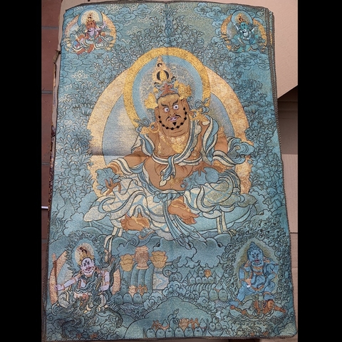 Tranh Thangka thêu Dzambala Hoàng Thần Tài