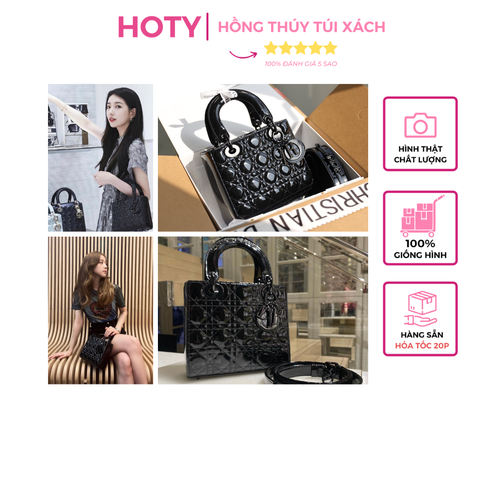 Túi Di Lady Da Bóng Khóa Đen Size 20cm Dây To Bảng 2 Hộp