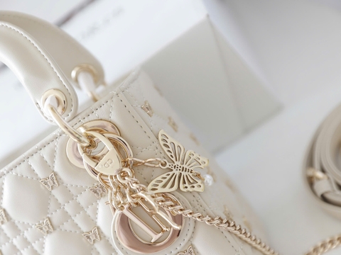 Túi D Lady Da Lì Khóa Vàng Size 20cm Charm Bướm