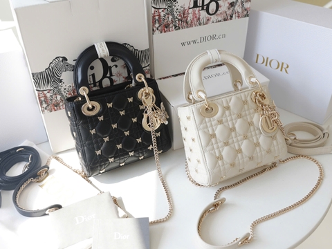 Túi D Lady Da Lì Khóa Vàng Size 20cm Charm Bướm