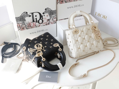 Túi D Lady Da Lì Khóa Vàng Size 20cm Charm Bướm