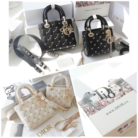 Túi D Lady Da Lì Khóa Vàng Size 20cm Charm Bướm