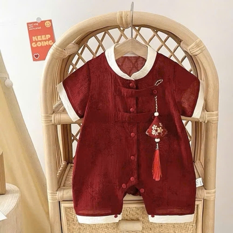 Bộ bodysuit đỏ tết nguyên đán cổ tàu kèm túi thơm cho bé