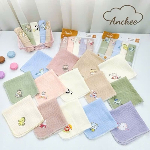 Set 5 khăn sữa xô muslin Anchee màu in hình động vật