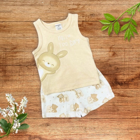 Bộ 3 lỗ áo nâu hình thỏ quần in họa tiết gấu