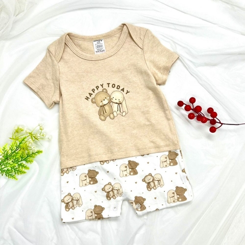 Body đùi cộc tay áo nâu giả quần trắng in họa tiết gấu kèm yếm
