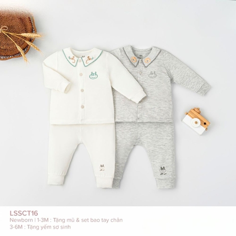 Bộ dài sơ sinh cài giữa LiL cổ thêu họa tiết kèm phụ kiện
