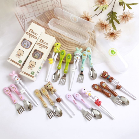 Set hộp ăn dặm Misan thìa nĩa đũa hình thỏ tập ăn cho bé