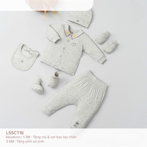 Bộ dài sơ sinh cài giữa LiL cổ thêu họa tiết kèm phụ kiện
