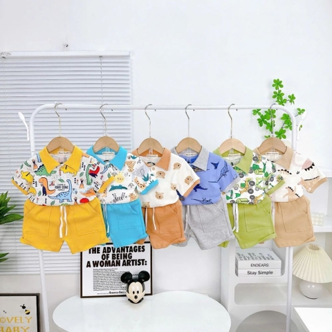 Bộ cộc tay cổ bâu Minwoo baby in họa tiết cho bé trai