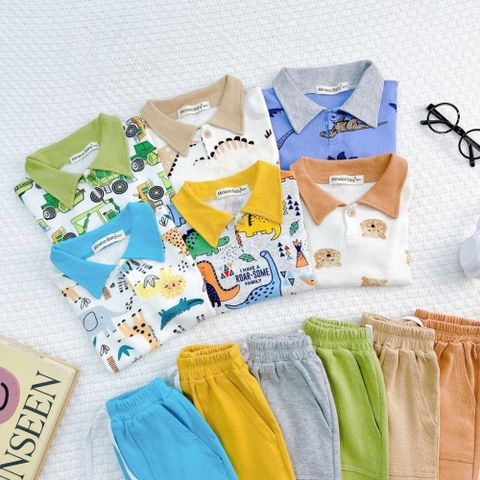 Bộ cộc tay cổ bâu Minwoo baby in họa tiết cho bé trai