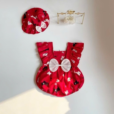 Set body đỏ cánh tiên cún con nơ trắng cho bé