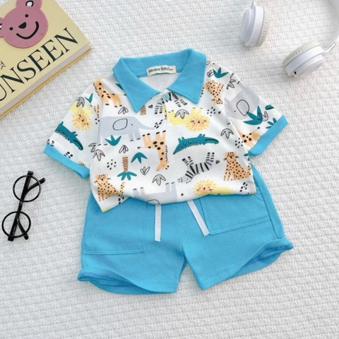 Bộ cộc tay cổ bâu Minwoo baby in họa tiết cho bé trai
