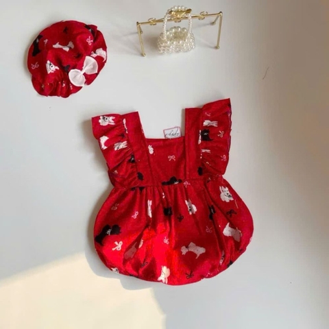Set body đỏ cánh tiên cún con nơ trắng cho bé