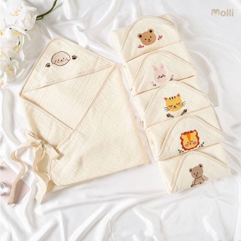 Ủ choàng Molli xô 3 lớp thêu hình động vật