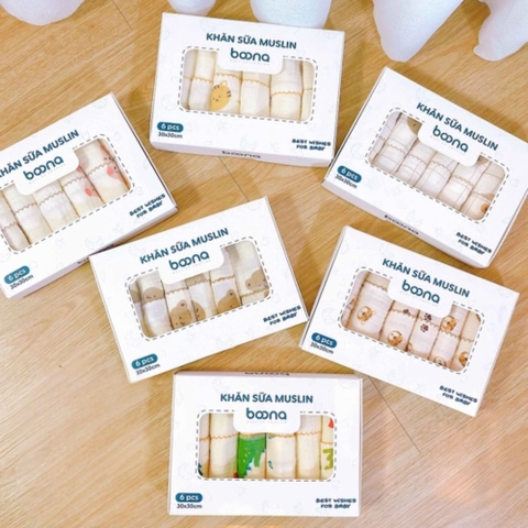 Hộp 6 khăn sữa sợi tre cho bé Boona cao cấp