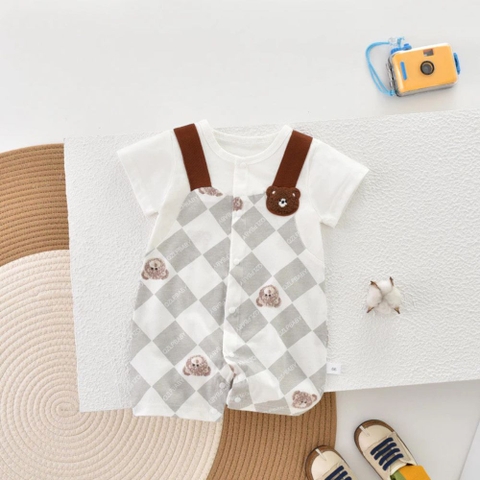 Bộ bodysuit cotton cài giữa giả yếm in hình gấu cho bé